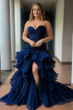 Navy Strapless Tulle Ruffled A Line Long Prom Dress with Slit