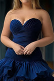 Navy Strapless Tulle Ruffled A Line Long Prom Dress with Slit