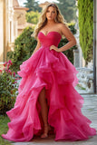 Fuchsia A Line Strapless Ruffled Long Tulle Prom Dress with Slit