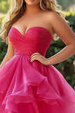 Fuchsia A Line Strapless Ruffled Long Tulle Prom Dress with Slit