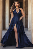 Navy A Line Halter Keyhole Satin Long Prom Dress with Slit