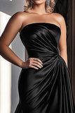 Black Sheath Strapless Ruched Satin Long Prom Dress