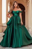 Dark Green Ball Gown Plus Size Satin Long Prom Dress with Ruffles