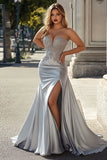 Silver Mermaid Satin Sweetheart Appliqued Maxi Prom Dress with Slit