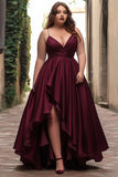 Burgundy A Line V Neck Satin Asymmetrical Plus Size Prom Dress