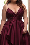 Burgundy A Line V Neck Satin Asymmetrical Plus Size Prom Dress