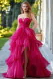 Fuchsia A Line Ruffled Strapless Tulle Long Prom Dress with Slit