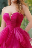 Fuchsia A Line Ruffled Strapless Tulle Long Prom Dress with Slit