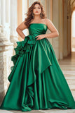 Green Ball Gown Strapless Satin Long Prom Dress with Ruffles