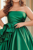Green Ball Gown Strapless Satin Long Prom Dress with Ruffles