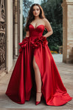 Red A Line Strapless Satin Ruffled Long Prom Dress with Slit