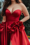Red A Line Strapless Satin Ruffled Long Prom Dress with Slit