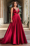 Red A Line Satin Deep V-Neck Plus Size Long Prom Dress