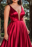 Red A Line Satin Deep V-Neck Plus Size Long Prom Dress