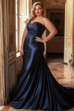 Plus Size Navy Mermaid Satin Ruched Long Prom Dress