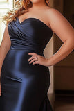 Plus Size Navy Mermaid Satin Ruched Long Prom Dress