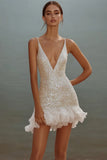 Sparkly White Bodycon Sequined V-Neck Mini Graduation Dress