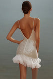Sparkly White Bodycon Sequined V-Neck Mini Graduation Dress