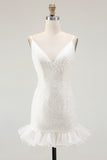 Sparkly White Bodycon Sequined V-Neck Mini Graduation Dress