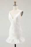 Sparkly Bodycon Sequined V-Neck Mini White Graduation Dress