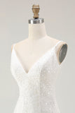Sparkly Bodycon Sequined V-Neck Mini White Graduation Dress