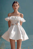 White Ruffled Satin A Line Mini Graduation Dress with Embroidery