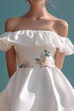 White Ruffled Satin A Line Mini Graduation Dress with Embroidery