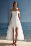 White Tulle High-Low Off the Shoulder A Line Rehearsal Dinner Dress