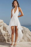 White Chiffon High-Low V-Neck Ruffled Graduation Dress