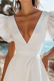 White Mini V-Neck A Line Graduation Dress with Ruffles