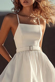 White Short Spaghetti Straps A Line Graduation Dress with Belt