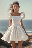 White Satin Mini A Line Graduation Dress with Ruffles
