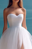White Tulle A Line Sweetheart Maxi Rehearsal Dinner Dress with Slit