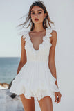 White Chiffon Mini V-Neck Pleated A Line Graduation Dress with Ruffles