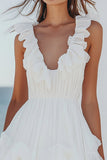 White Chiffon Mini V-Neck Pleated A Line Graduation Dress with Ruffles