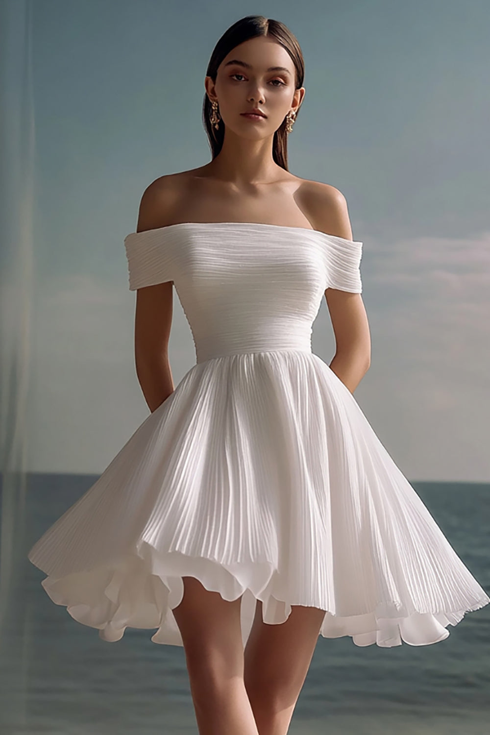 Leely Women White A Line Chiffon Mini Flowy Graduation Dress Ruffled Pleated Ruched Off the Shoulder Little White Dress leelyuk Leely Women White A Line Chiffon Mini Flowy Graduation Dress Ruffled Pleated Ruched Off the Shoulder Little White Dress leelyuk