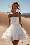 White A Line Spaghetti Straps Ruffled Mini Graduation Dress