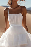 White A Line Spaghetti Straps Ruffled Mini Graduation Dress