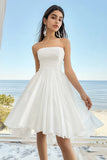 White Chiffon Strapless Pleated A Line Midi Graduation Dress