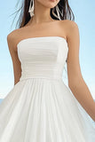 White Chiffon Strapless Pleated A Line Midi Graduation Dress