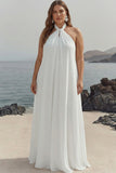 Maxi White Halter Plus Size Chiffon A Line Rehearsal Dinner Dress