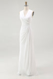 White Sheath V-Neck Ruched Maxi Chiffon Rehearsal Dinner Dress