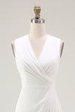White Sheath V-Neck Ruched Maxi Chiffon Rehearsal Dinner Dress