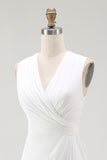White Sheath V-Neck Ruched Maxi Chiffon Rehearsal Dinner Dress