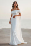 White Chiffon Sheath Off the Shoulder Long Rehearsal Dinner Dress with Cape