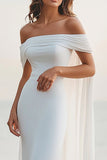 White Chiffon Sheath Off the Shoulder Long Rehearsal Dinner Dress with Cape