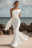 White Maxi Mermaid One Shoulder Ruched Rehearsal Dinner Dress