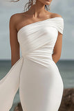 White Maxi Mermaid One Shoulder Ruched Rehearsal Dinner Dress
