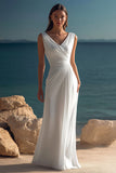 White Chiffon Sheath V-Neck Ruched Long Rehearsal Dinner Dress
