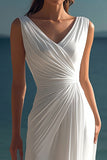 White Chiffon Sheath V-Neck Ruched Long Rehearsal Dinner Dress